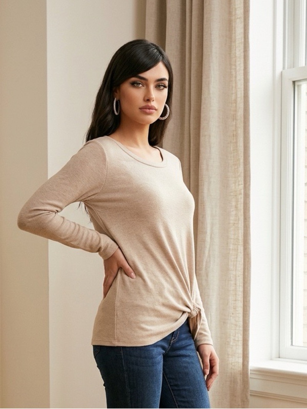 LookbookStore Women's Casual Knot Side Twist Knit Blouse Top Size Small EUC
